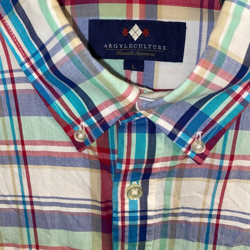 Argyle Culture Mens Shirt L Multi-Color Plaid Button Front/Collar Adjustable